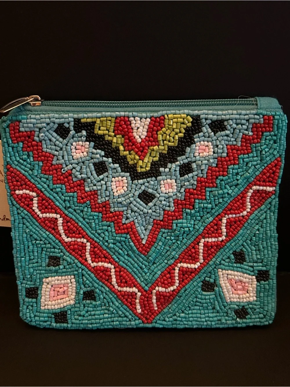 Handmade in India Turquoise & Red Beaded Top Zipper Close Cosmetic Coin Pouch